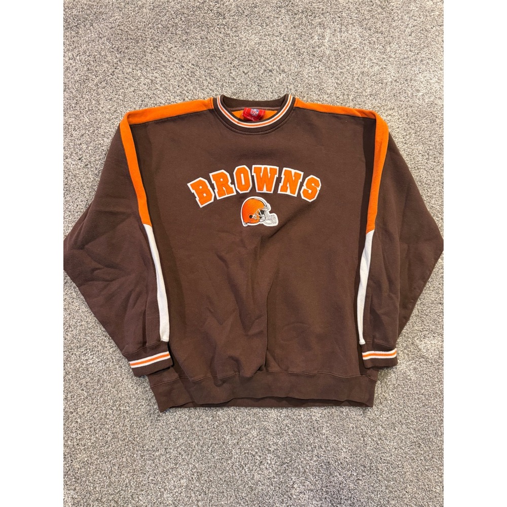 NFL Sweatshirt Mens XL Brown Cleveland Browns Crewneck Embroidered Stripe Fleece